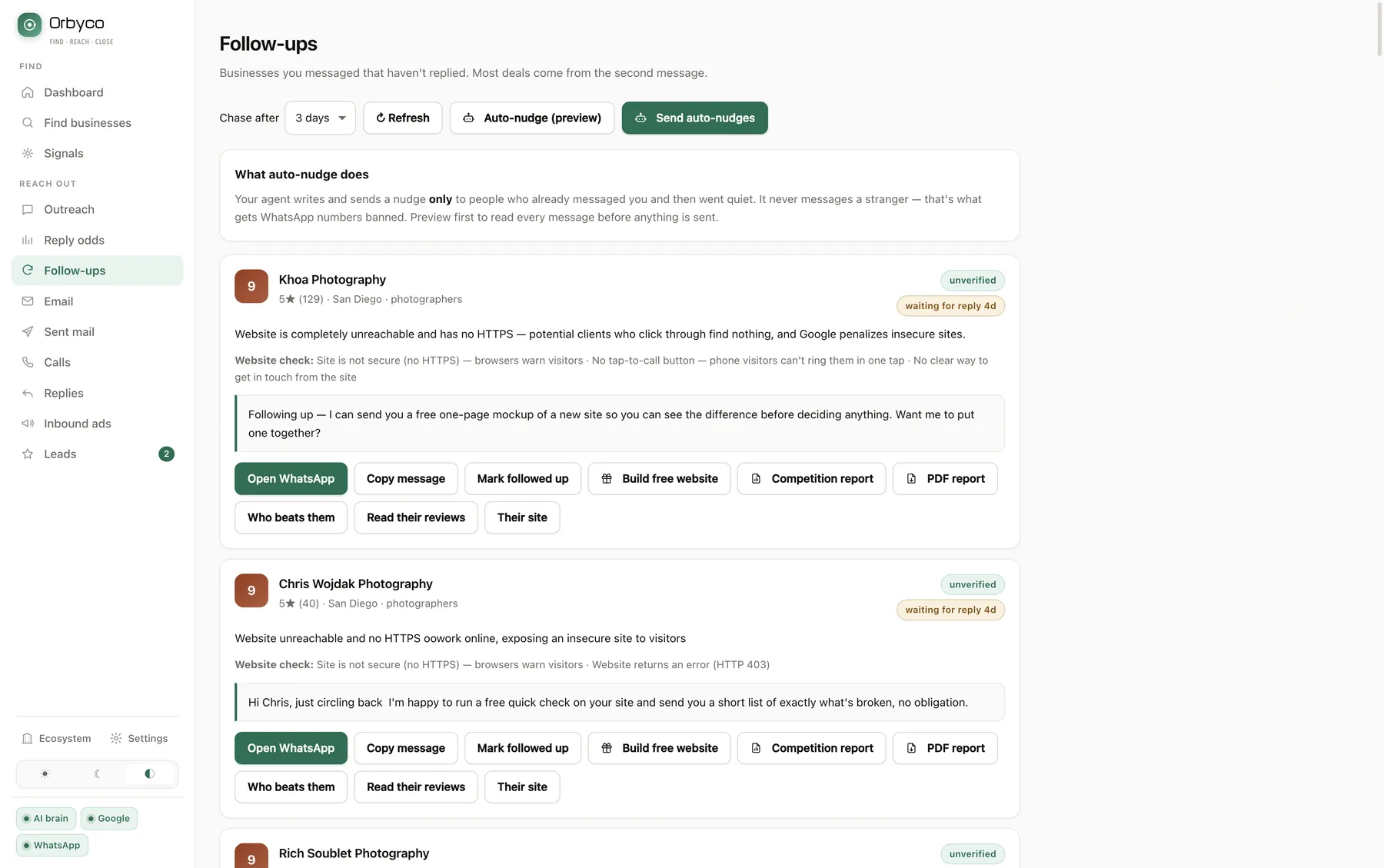 Businesses waiting for a reply, each with a drafted nudge
