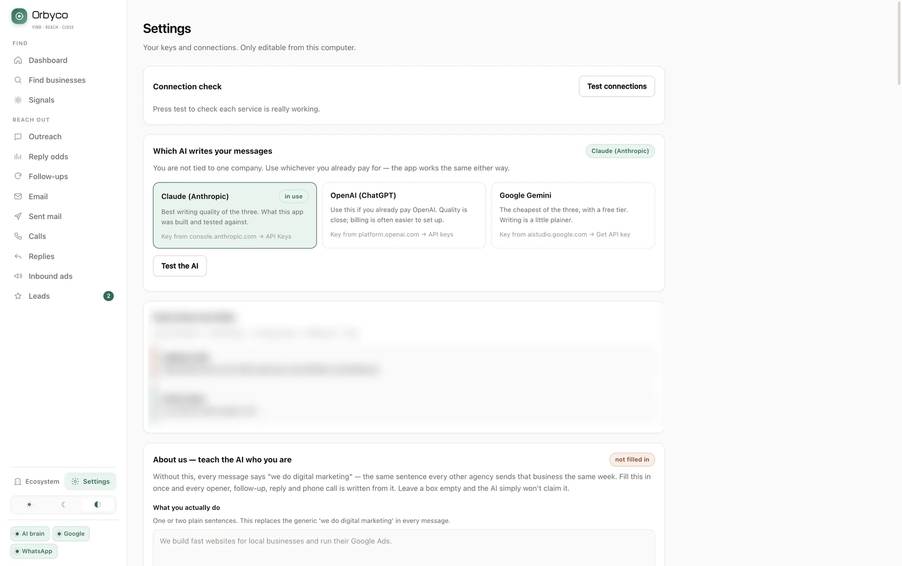 Settings — Claude, OpenAI or Gemini, using your own key
